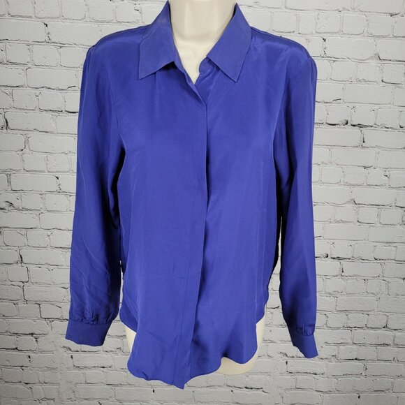 Rory Beca Blue 100% Silk Open Back Snap Closure Long Sleeve Top USA Small S - Picture 1 of 16